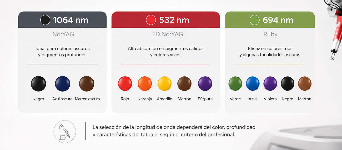 Infografía del Láser Picosegundo Discovery PICO que muestra sus tres longitudes de onda (1064 nm, 532 nm y Ruby 694 nm) y los colores de tinta que permite tratar para la eliminación de tatuajes multicolor.